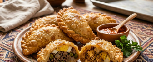 Plate of baked empanadas with beef and chicken fillings and a small bowl of red sauce