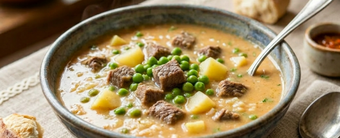 Bowl of creamy Peruvian soup with beef, potatoes, peas, peanuts, and crispy fries