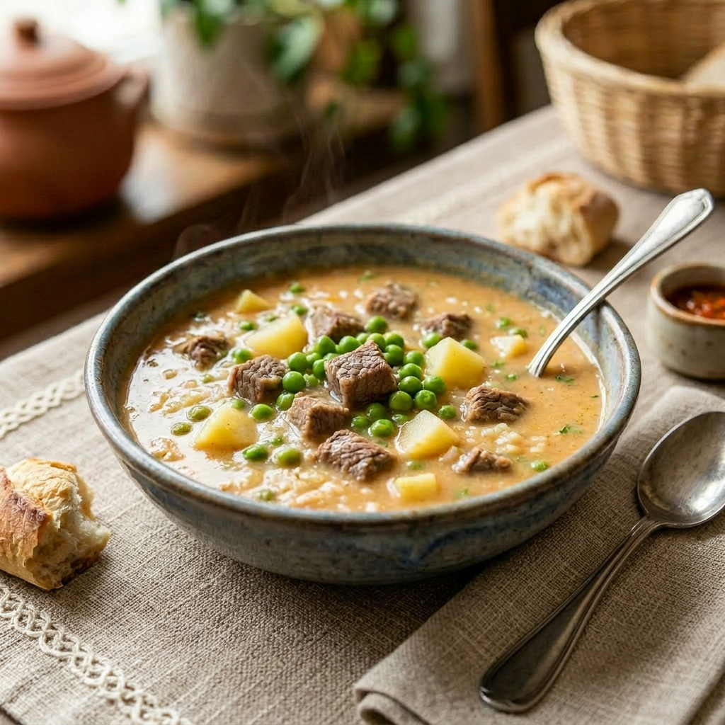 Imagen actual: Bowl of creamy Peruvian soup with beef, potatoes, peas, peanuts, and crispy fries