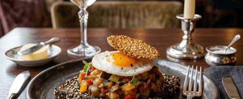 Sesame cracker topped with sautéed vegetables, a fried egg, and fresh herbs on a ceramic plate with a fork.