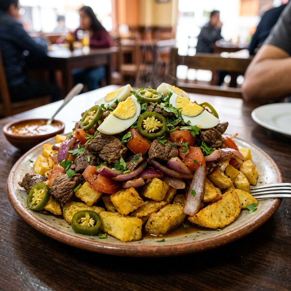 Imagen actual: Plate of Lomo Saltado with fried potatoes, beef strips, onions, tomatoes, jalapeño slices, and boiled egg wedges