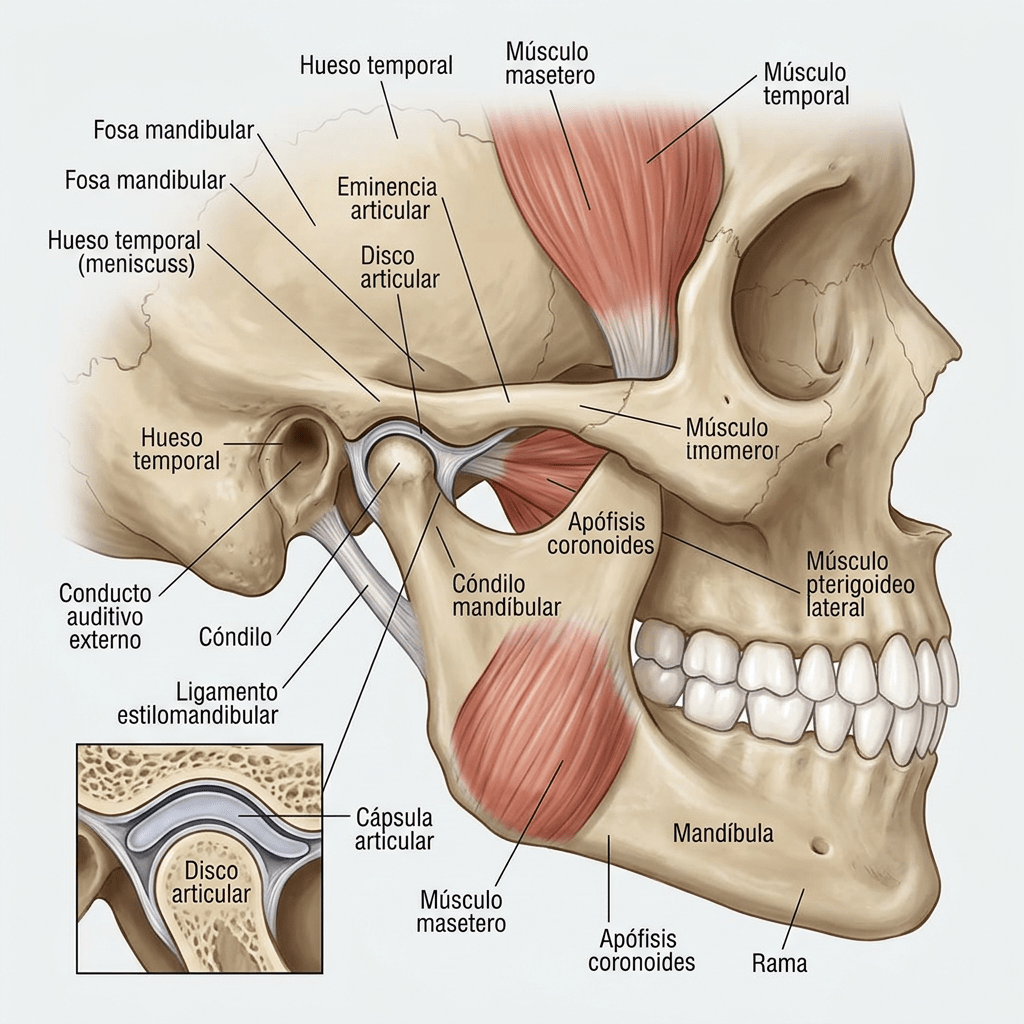 Imagen actual: Labeled anatomical diagram of the temporomandibular joint with muscles and bones