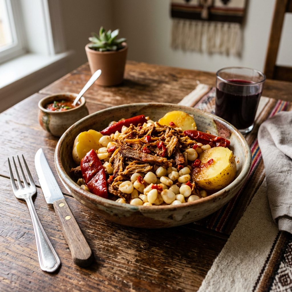 Imagen actual: Dish with maize, charque, potatoes, red chili