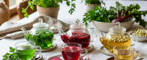 Three glass teapots with green, red, and chamomile herbal teas alongside matching cups and fresh herbs