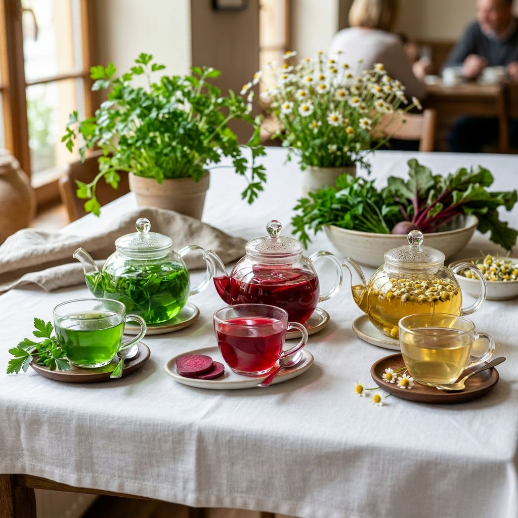 Imagen actual: Three glass teapots with green, red, and chamomile herbal teas alongside matching cups and fresh herbs