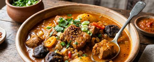 Bowl of stew with meat chunks, potatoes, mushrooms, and fresh herbs