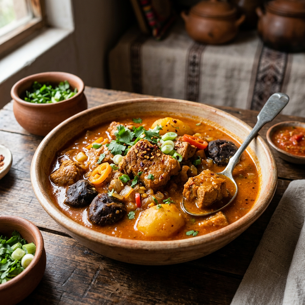 Imagen actual: Bowl of stew with meat chunks, potatoes, mushrooms, and fresh herbs