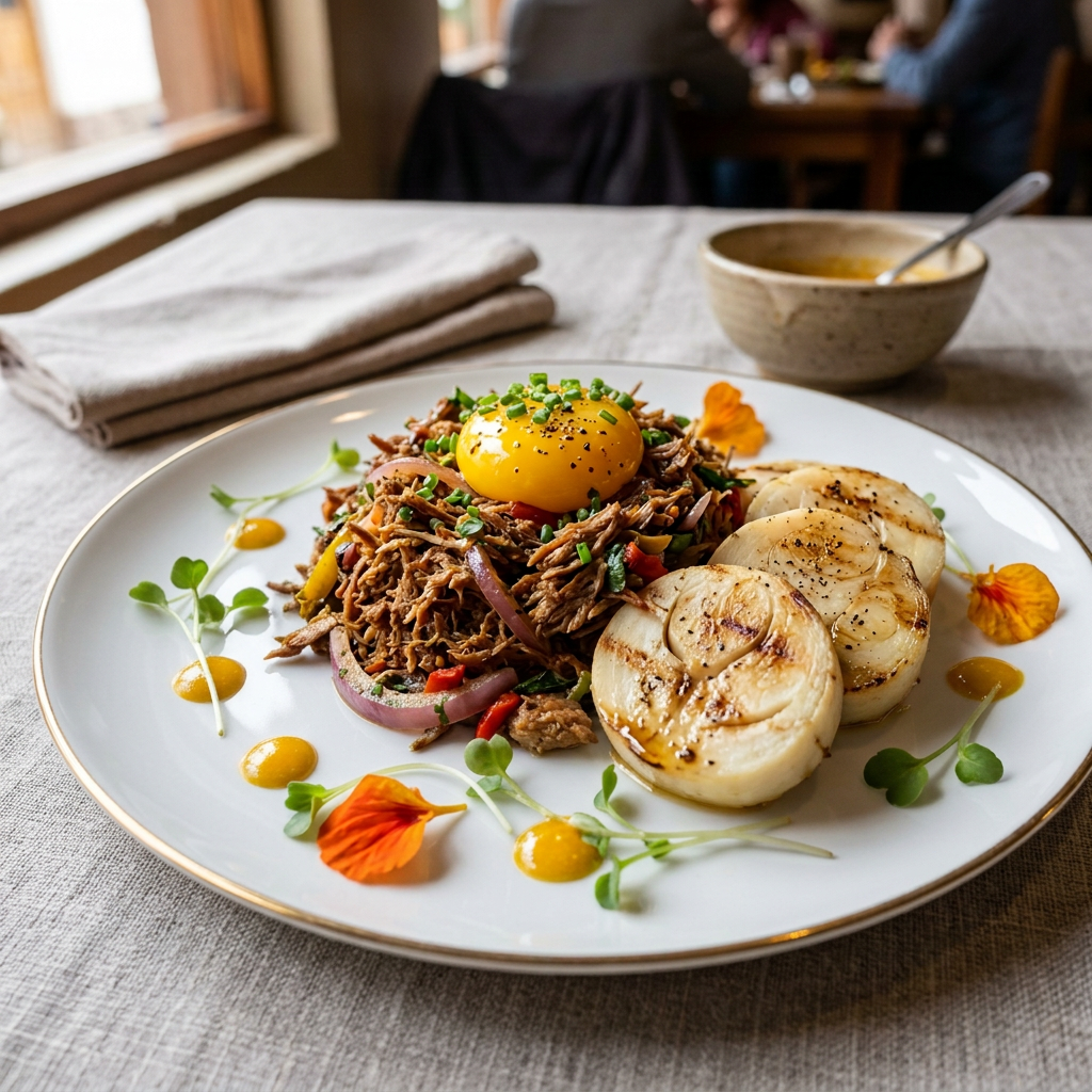 Imagen actual: Plate with shredded beef topped with egg yolk, grilled onions, and garnished with microgreens and edible flowers