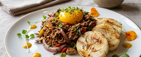 Plate with shredded beef topped with egg yolk, grilled onions, and garnished with microgreens and edible flowers
