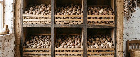 Rustic adobe pantry with wooden crates filled with potatoes and tubers