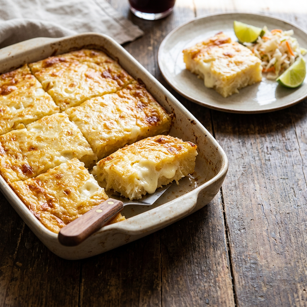 Imagen actual: Golden cheesy cassava bake in a casserole dish with a slice served on a plate alongside lime wedges and slaw