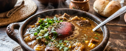 Steaming bowl of traditional stew with meat, herbs, and spices