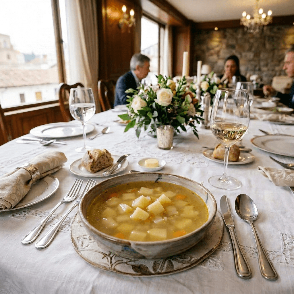 Imagen actual: Bowl of vegetable soup on a white tablecloth with bread, utensils, and wine glasses at a formal dining table