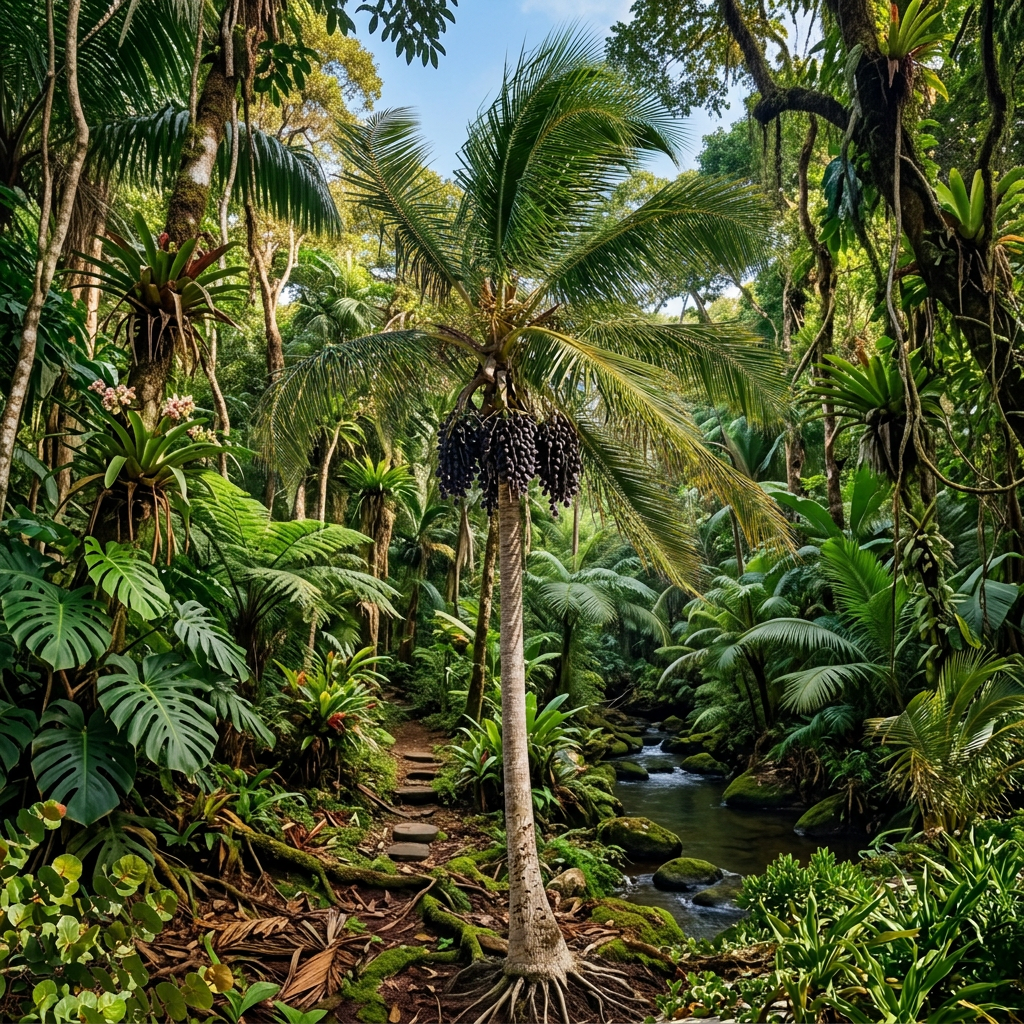 Imagen actual: Palm tree with clusters of dark fruit on a tropical beach by clear blue ocean