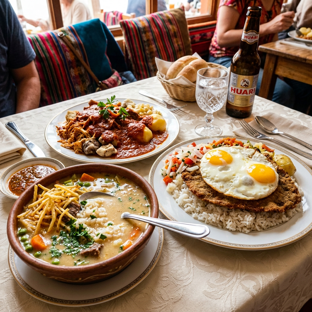 Imagen actual: Three plates of traditional Peruvian meals with rice, eggs, meat, and sauce alongside a glass of water and a beer bottle
