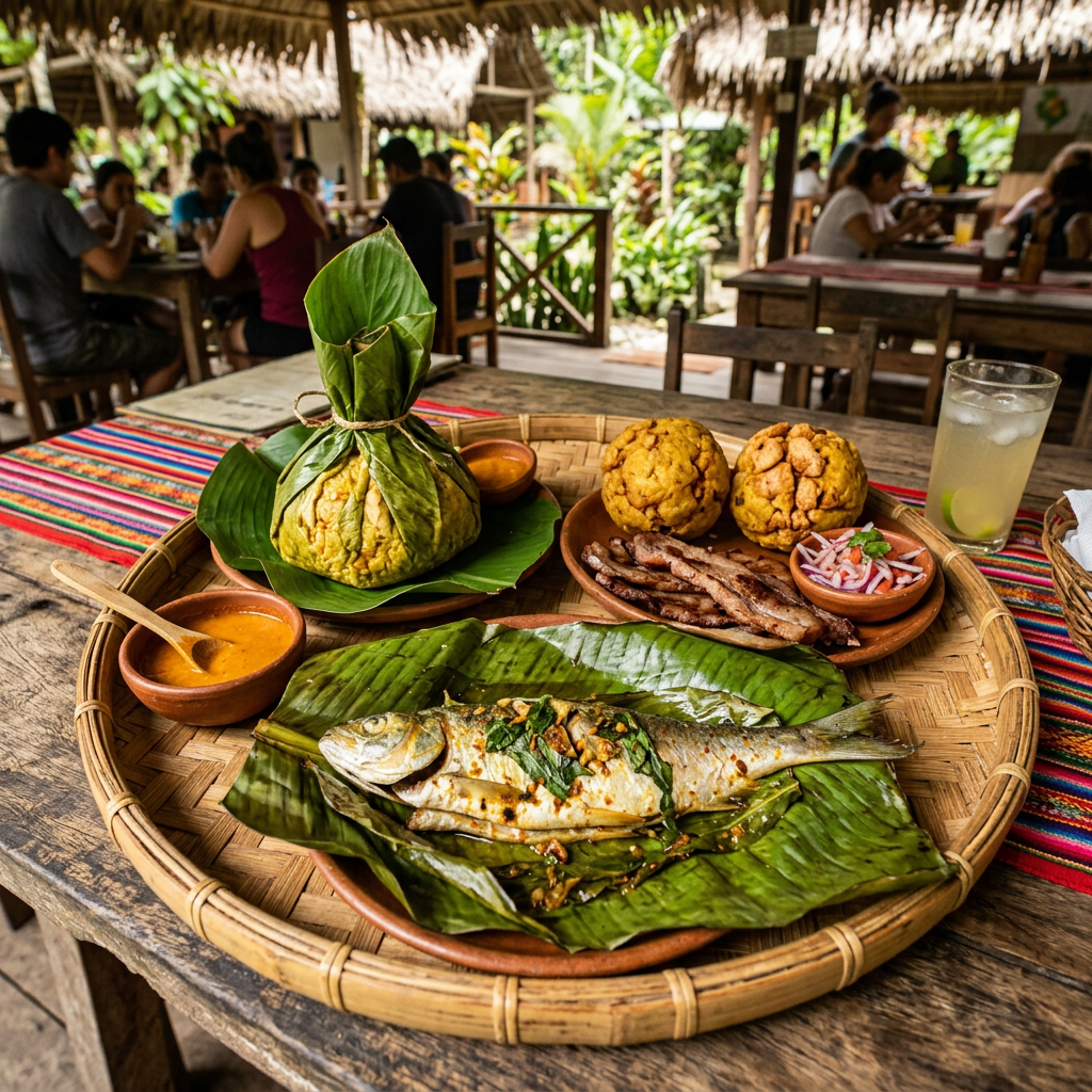 Imagen actual: Traditional Belizean meal with fish, tamales, fried food, dipping sauce, and a drink