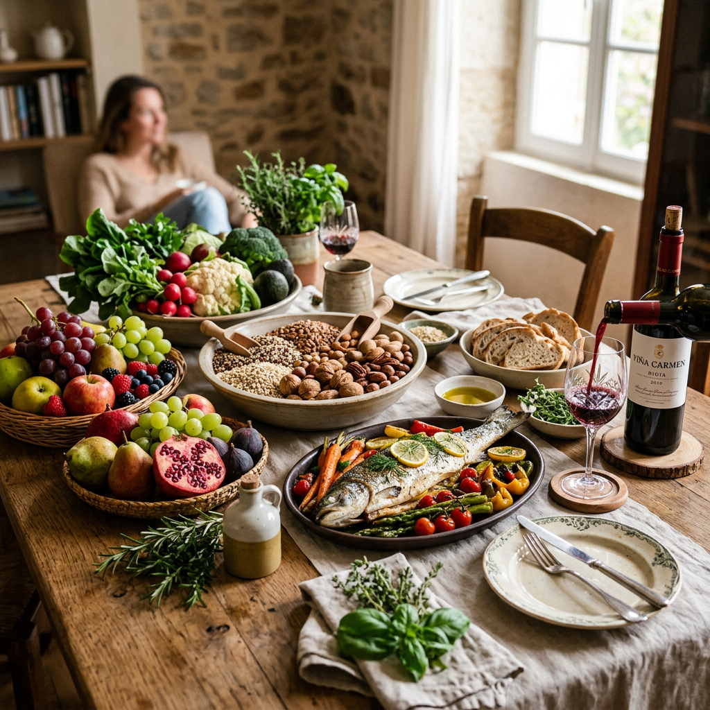 Imagen actual: Table with fresh fruits, vegetables, nuts, whole fish with herbs, sliced bread, olive oil, and red wine being poured