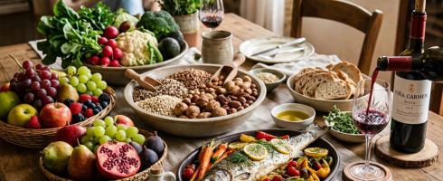 Table with fresh fruits, vegetables, nuts, whole fish with herbs, sliced bread, olive oil, and red wine being poured