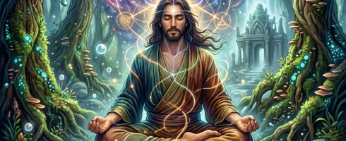 Man meditating cross-legged in a forest surrounded by glowing spiritual symbols and roots