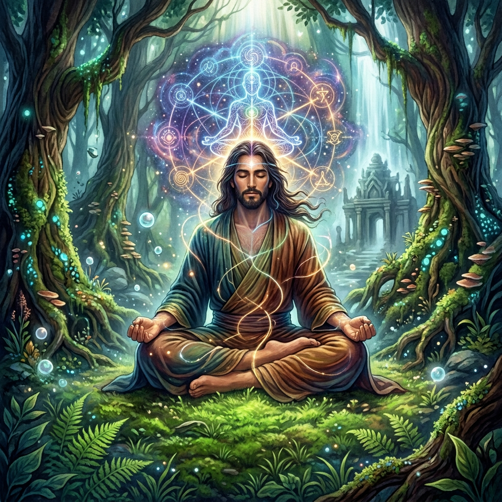 Imagen actual: Man meditating cross-legged in a forest surrounded by glowing spiritual symbols and roots