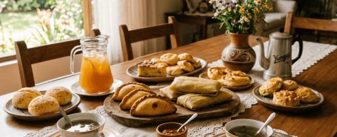 Table with traditional pastries, two soup bowls, jug of juice, coffee pot, and flower vase