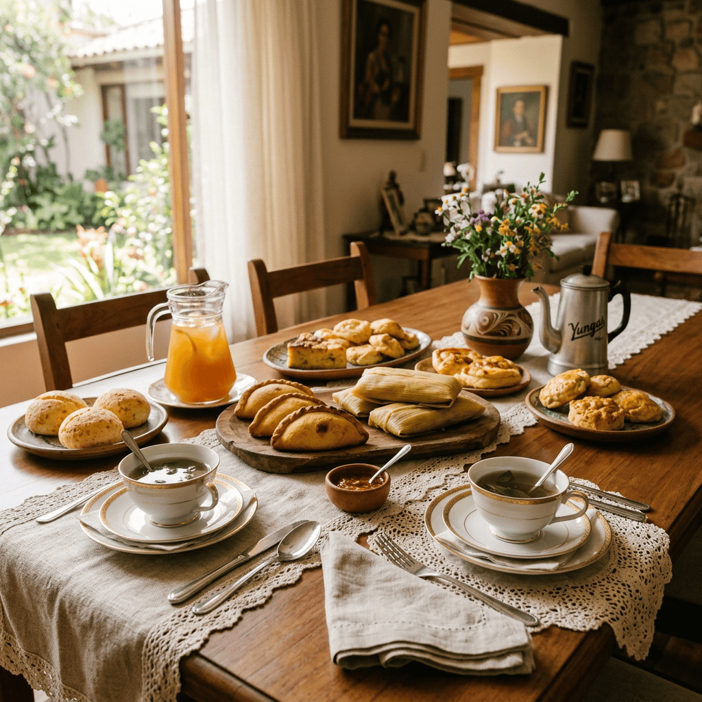 Imagen actual: Table with traditional pastries, two soup bowls, jug of juice, coffee pot, and flower vase