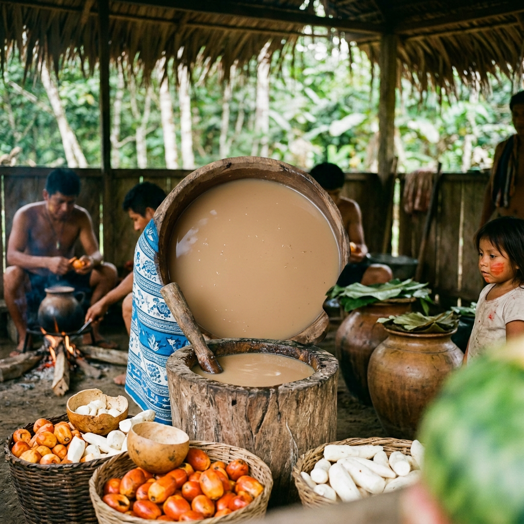 Imagen actual: Indigenous woman mixing food in a wooden container with baskets of produce around