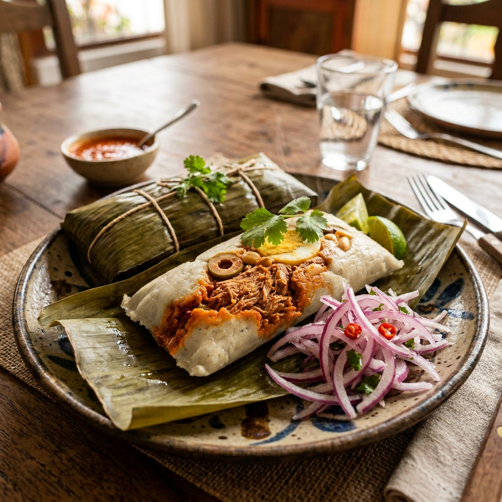 Imagen actual: Savory tamale wrapped in banana leaf accompanied by pickled red onions, lime, and salsa