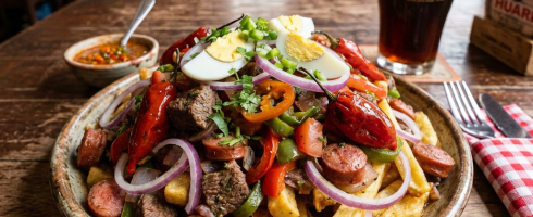 Loaded fries with grilled meats, vegetables, eggs, and Huari beer