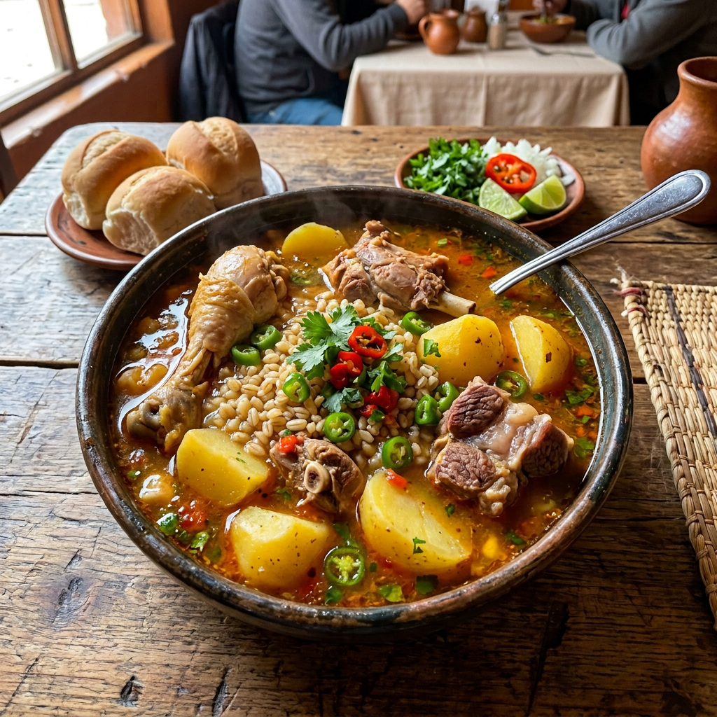 Imagen actual: Bowl of hearty stew with chicken, beef, potatoes, corn, and herbs