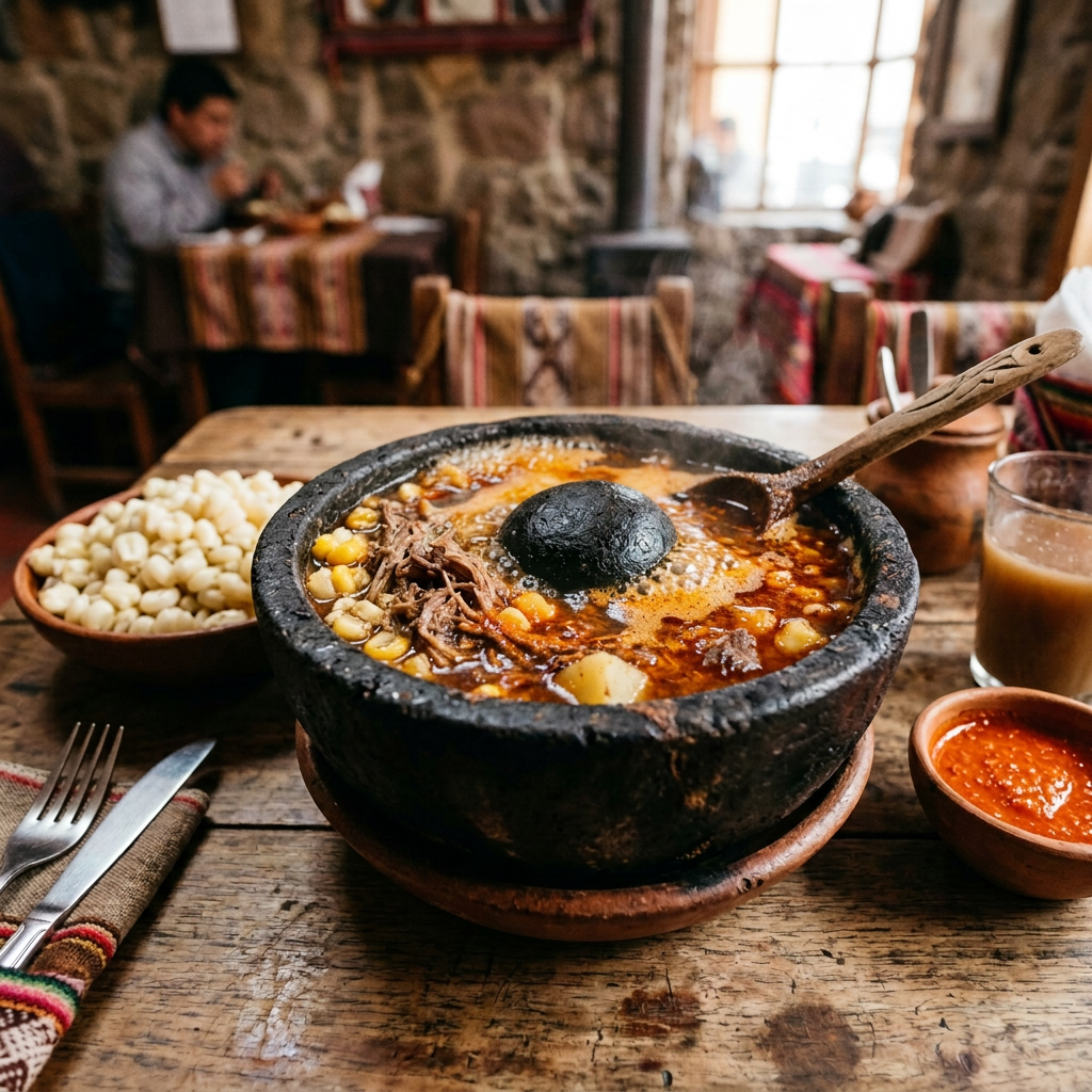 Imagen actual: Bubbling stew in a black stone bowl with corn, potatoes, and sauce