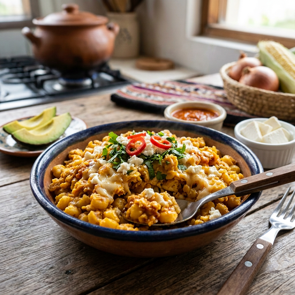 Imagen actual: Bowl of cheesy scrambled eggs topped with herbs, peppers, and crumbled cheese