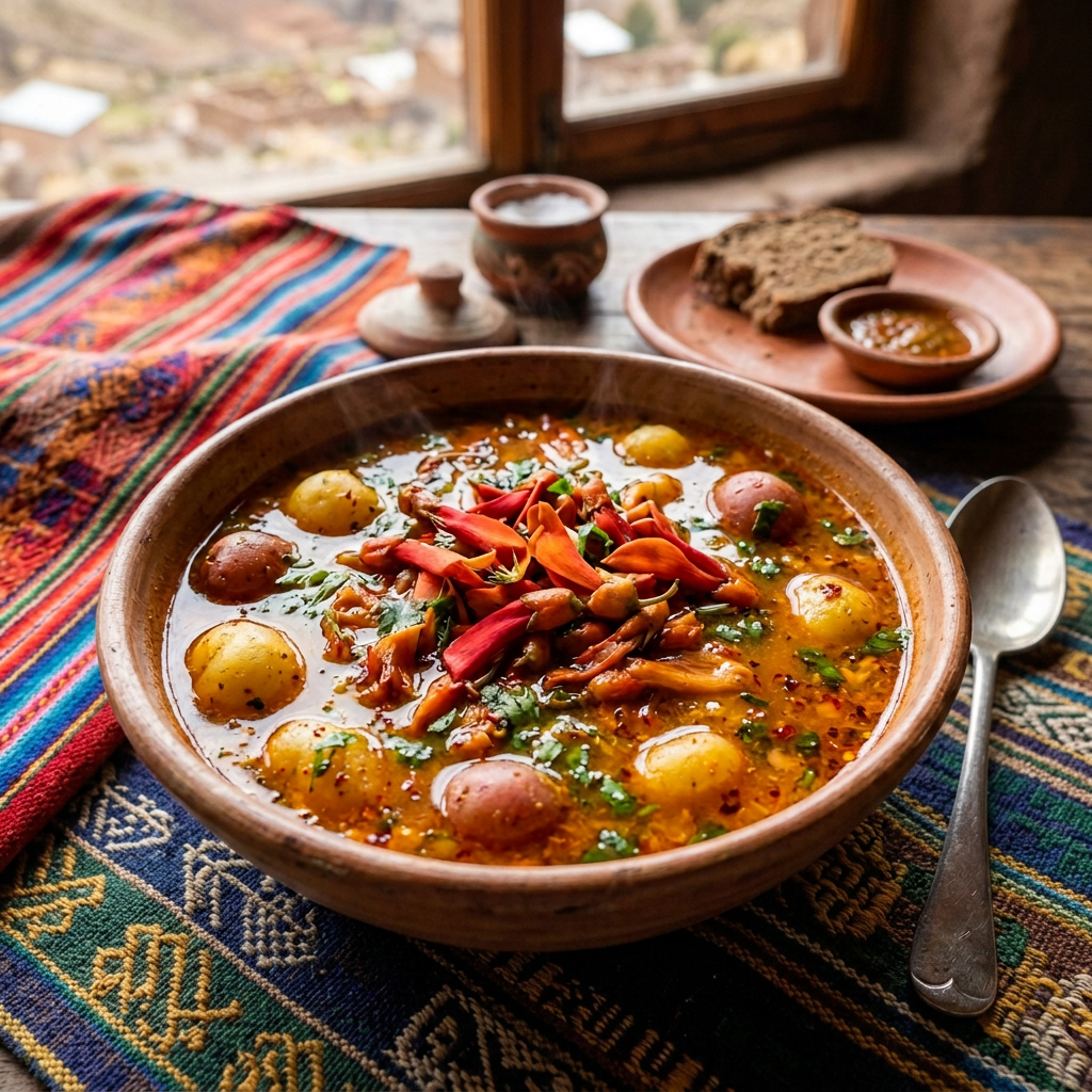 Imagen actual: Bowl of potato stew garnished with herbs and flower petals beside bread and tea
