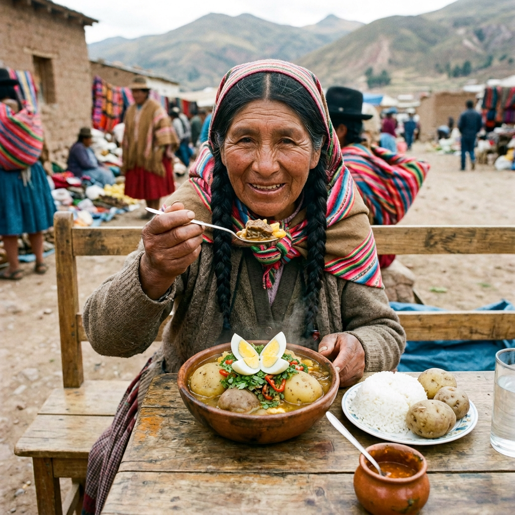 Imagen actual: Woman in traditional Andean clothing eating stew at a mountain market