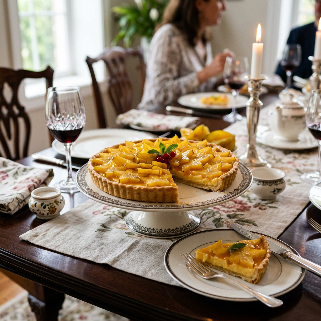 Imagen actual: Golden fruit tart on a pedestal surrounded by dinnerware and wine