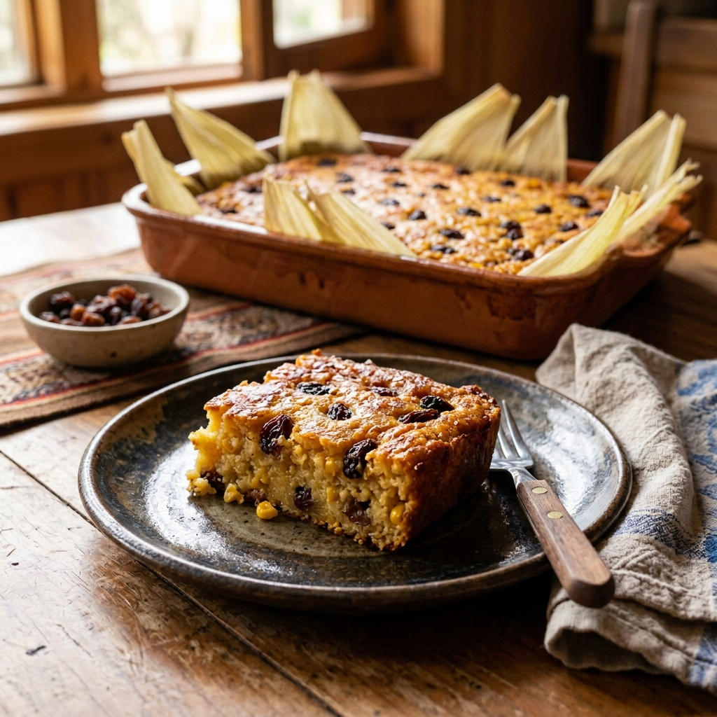 Imagen actual: Slice of golden cornmeal cake with raisins on a plate