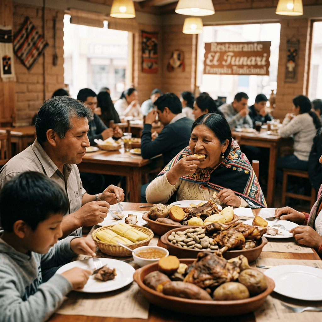 Imagen actual: Family dining at Restaurante El Tunari, labeled “Familia Tradicional”
