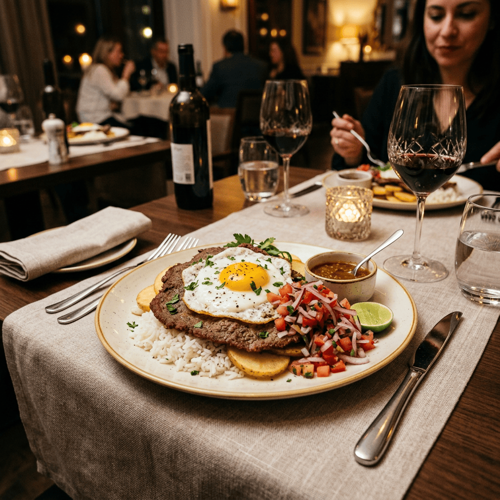 Imagen actual: Steak topped with fried egg, rice, potatoes, salsa, and red wine
