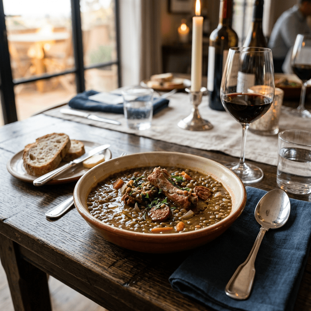 Imagen actual: Bowl of lentil stew with bread, red wine, and candlelit table