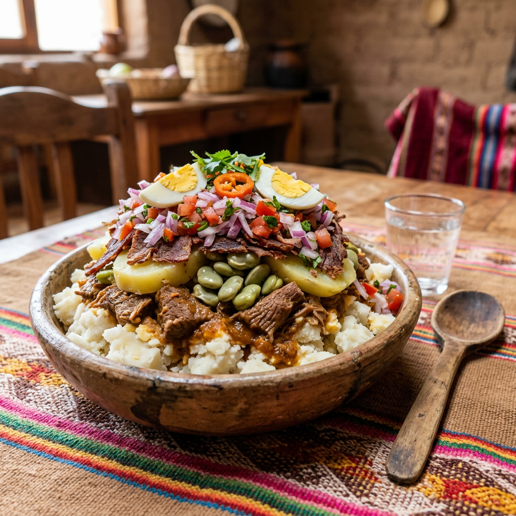 Imagen actual: Layered Andean dish with potatoes, beans, beef, vegetables, bacon, and eggs