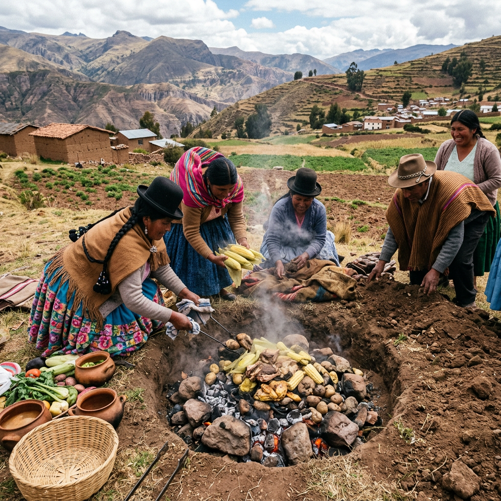 Imagen actual: Andean villagers prepare food in a steaming earth oven beside mountain farmland