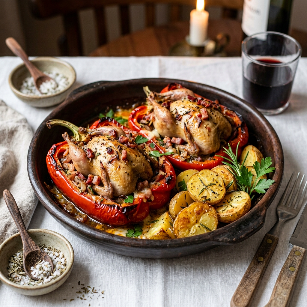 Imagen actual: Roasted quail with peppers, potatoes, herbs, and red wine