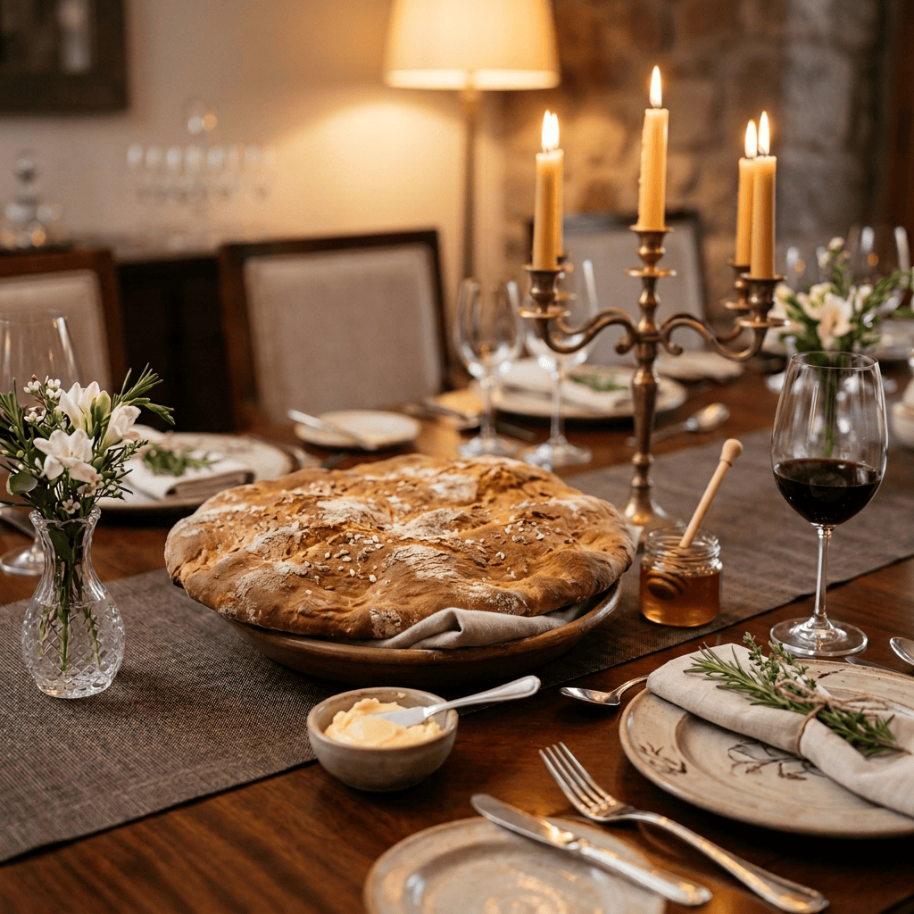 Imagen actual: Candlelit dining table with bread, wine, flowers, and place settings