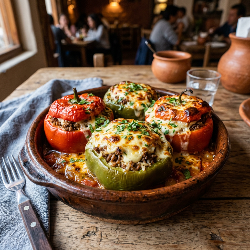 Imagen actual: Five cheese-topped stuffed peppers filled with seasoned meat and rice