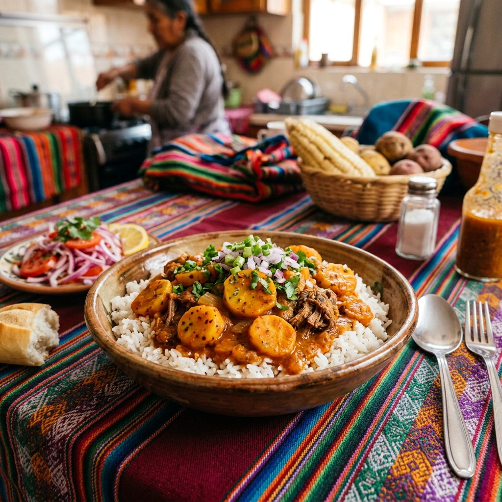 Imagen actual: Bowl of rice topped with vegetables and savory stew on a kitchen table