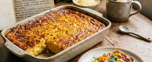 Baked corn cake with handwritten Spanish recipe card, corn, cheese, mug, and serving plate
