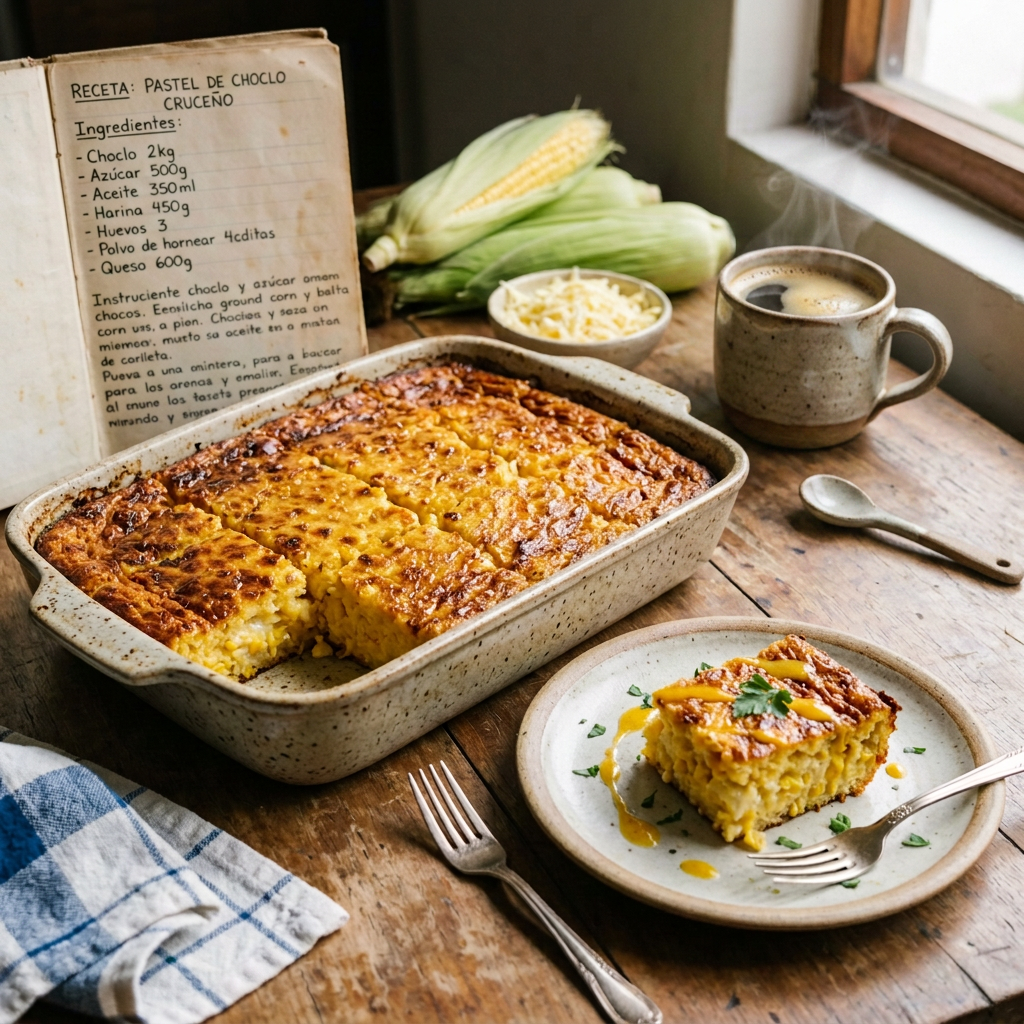 Imagen actual: Baked corn cake with handwritten Spanish recipe card, corn, cheese, mug, and serving plate