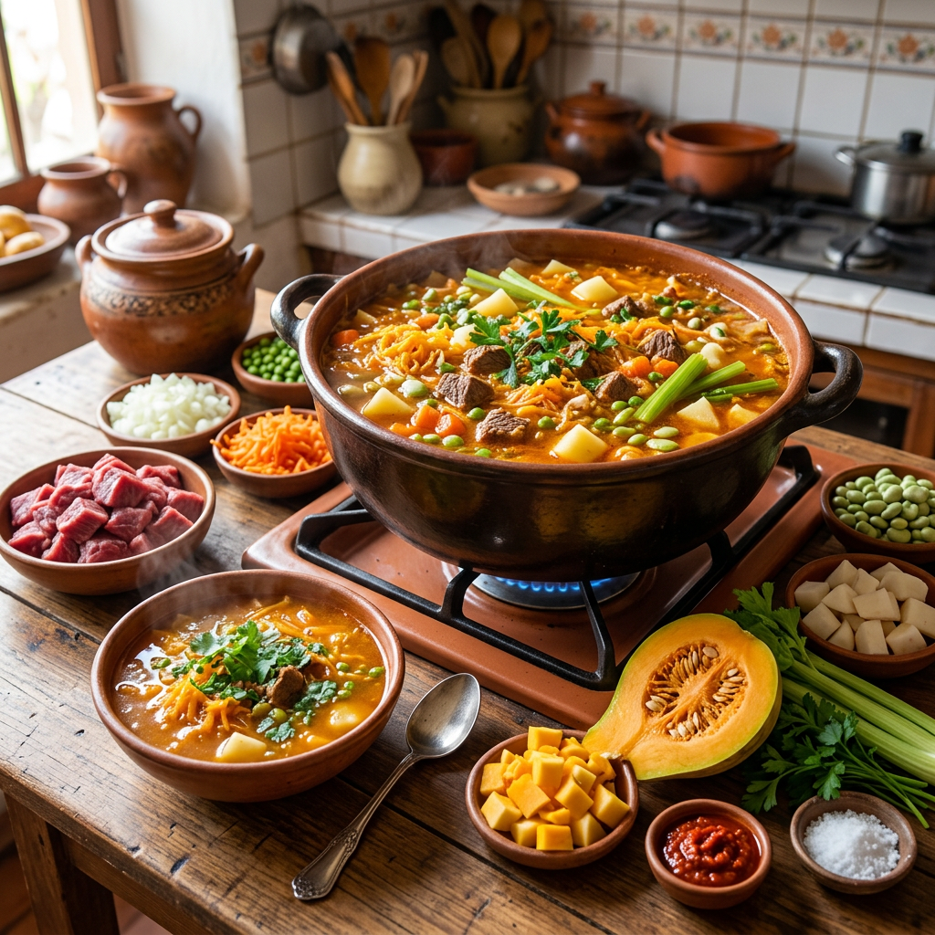 Imagen actual: Clay pot of vegetable and beef stew simmering on a tabletop burner