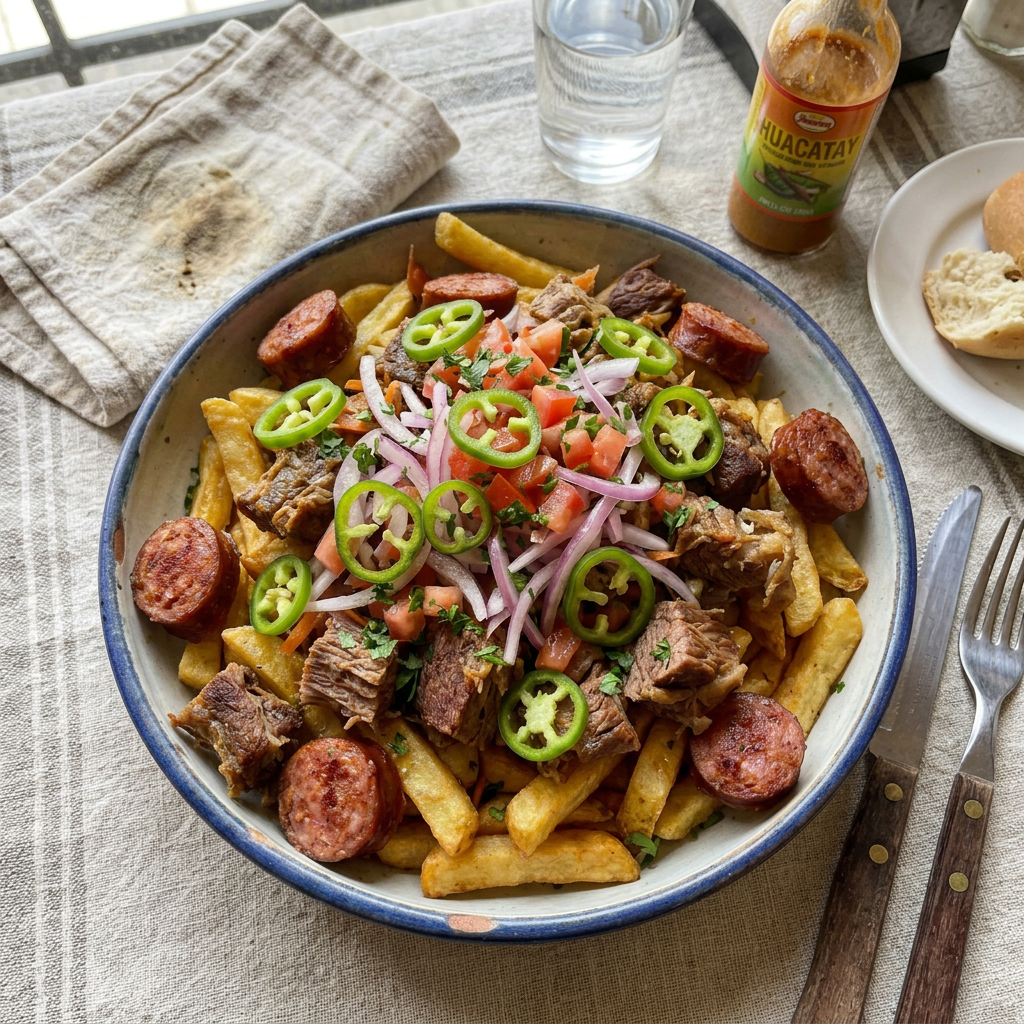 Imagen actual: Bowl of fries topped with beef, sausage, tomatoes, onions, and jalapeños