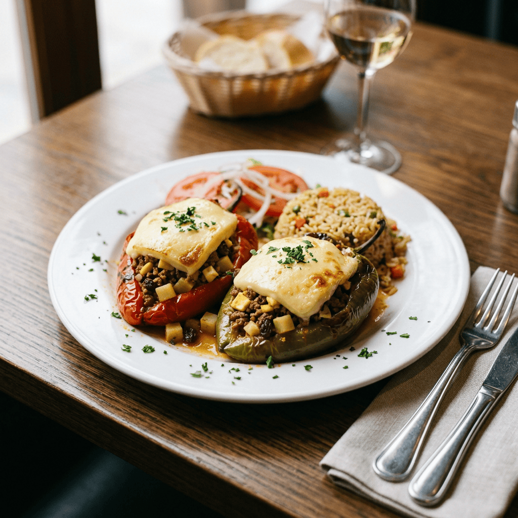 Imagen actual: Cheese-topped red and green stuffed peppers with rice on a plate